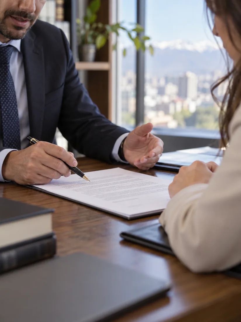 Abogado y clienta revisan un contrato